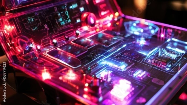 Fototapeta Futuristic glowing interface with complex circuitry and interactive elements