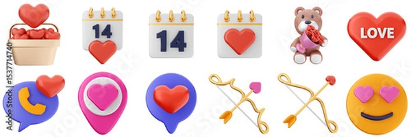 Obraz 3d valentines day love heart romance present gift box 14 february icon set bundle illustration