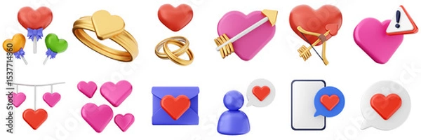 Obraz 3d valentines day love heart romance present gift box 14 february icon set bundle illustration