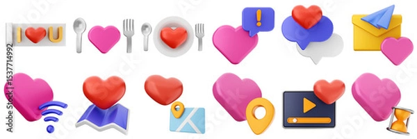 Obraz 3d valentines day love heart romance present gift box 14 february icon set bundle illustration