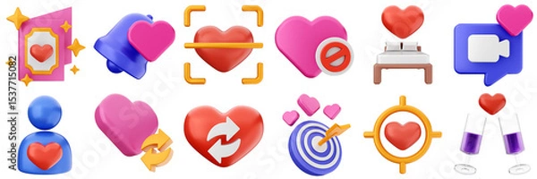 Obraz 3d valentines day love heart romance present gift box 14 february icon set bundle illustration