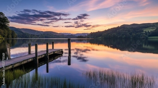 Fototapeta Serene twilight reflections over tranquil lake with rustic wooden pier