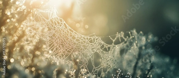 Fototapeta Delicate spiderweb glistening with morning dew in golden ethereal light