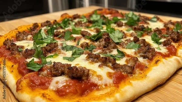 Fototapeta Delicious homemade sausage pizza with fresh basil on a rustic wooden serving board