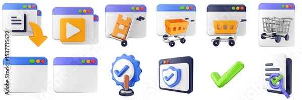 Fototapeta 3d website webpage approved data digital communication icon set bundle illustration