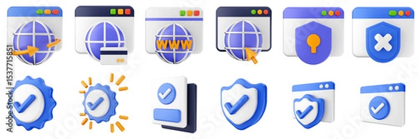 Obraz 3d website webpage approved data digital communication icon set bundle illustration
