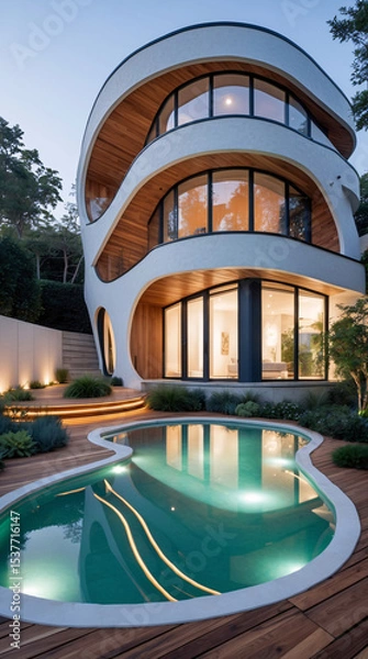 Fototapeta Scenic modern villa design with curved architecture and relaxing swimming pool building exterior wallpaper background