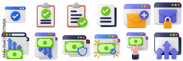 Fototapeta 3d website webpage approved data digital communication icon set bundle illustration
