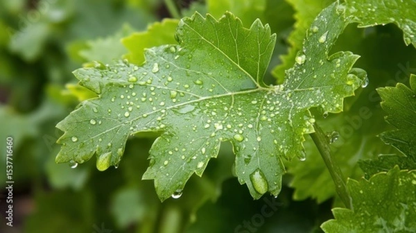 Fototapeta Vineyard's Refreshment: Green leaf of grape vine adorned with water droplets after rain