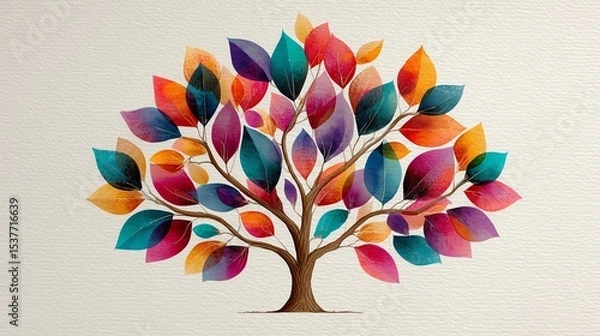 Fototapeta Vibrant watercolor family tree with colorful leaves on transparent background, minimalist design with copy space