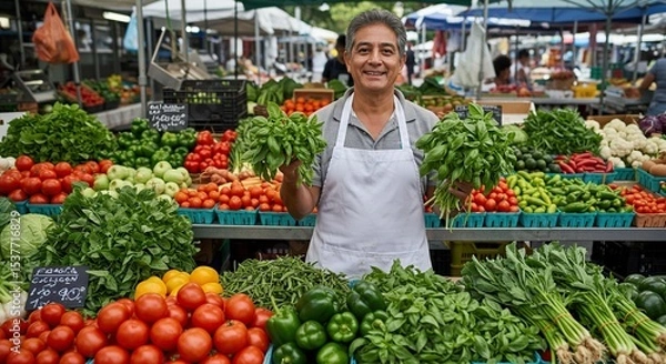 Obraz Smiling Vendor Selling Fresh Herbs and Vegetables at Local Farmers Market with Community Engagement and Sustainable Practices