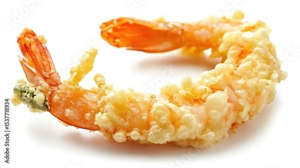 Fototapeta Deep-fried shrimp, coated in light-brown tempura batter, presented in profile against white background