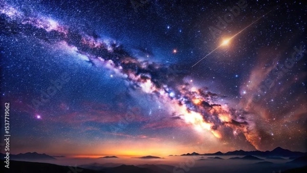 Fototapeta Majestic Night Sky Panorama Starry Milky Way Galaxy Arcing Over a Misty Mountain Range at Sunset