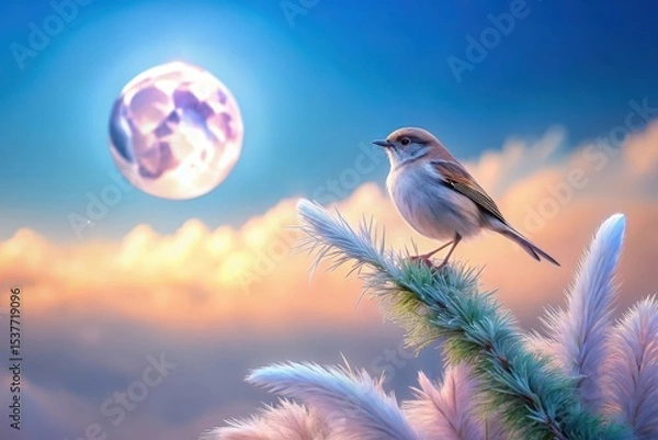 Fototapeta Serene avian perched on delicate foliage, bathed in the soft glow of a twilight moon