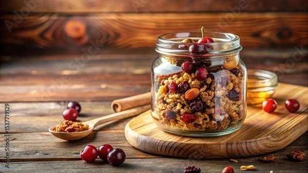 Fototapeta A delightful homemade granola blend with sweet cherries, crunchy nuts, and dried fruits in a clear glass jar, ready for a wholesome breakfast
