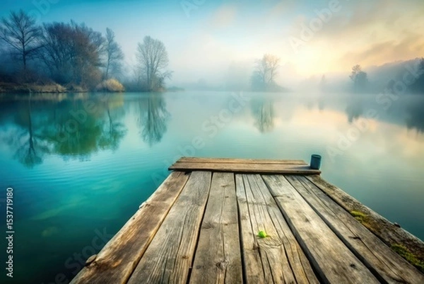 Fototapeta Serene Dawn on a Misty Lake Wooden Dock Extending into Calm Waters Reflected by Trees