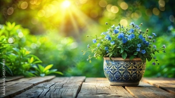 Fototapeta Serene blue blossoms in a decorative pot on rustic wood, bathed in sunlight's gentle glow, a tranquil garden scene