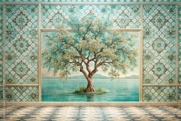 Fototapeta Serene Waterscape Mural with Flourishing Tree and Ornate Paneling in a Tranquil Room