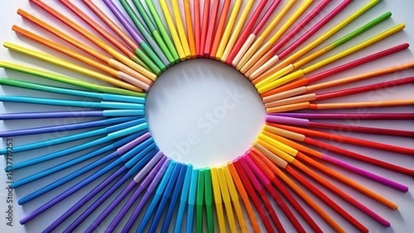 Fototapeta A vibrant spectrum of colorful writing instruments arranged in a circular pattern, creating a captivating and artistic composition, perfect for representing creativity and diversity.