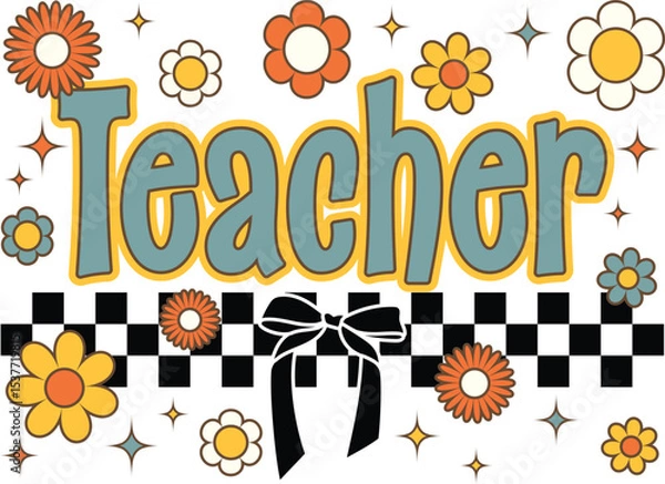 Fototapeta retro teacher checked vector Illustrator design for t-shirt or tote bags editable for back-to-school gifts ideal for teacher appreciation and classroom vibes