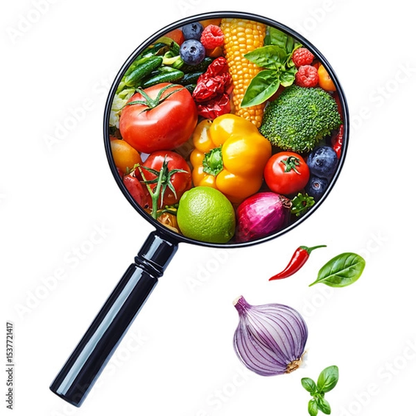 Fototapeta Fresh food ingredients under magnifying glass for health research isolated on transparent background, png 