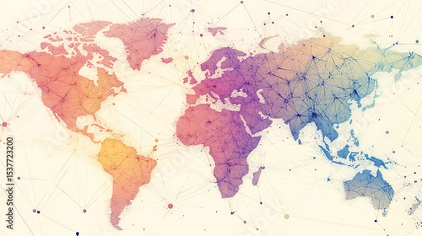 Fototapeta 
A colorful world map with a lot of lines and dots. The map is very detailed and has a lot of different colors
