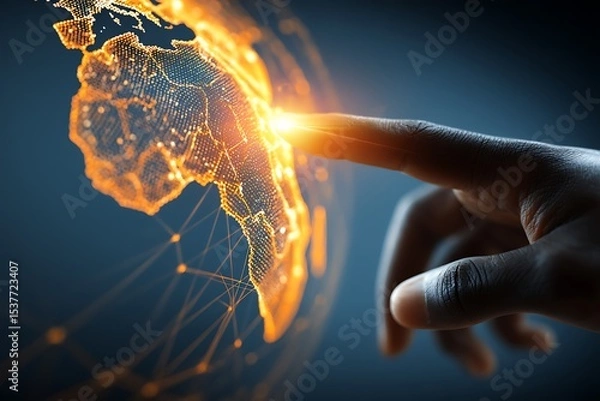 Fototapeta A Finger Touching a Digital Globe Highlighting Africa, Representing Global Technology, Connectivity, Innovation, and International Business Opportunities