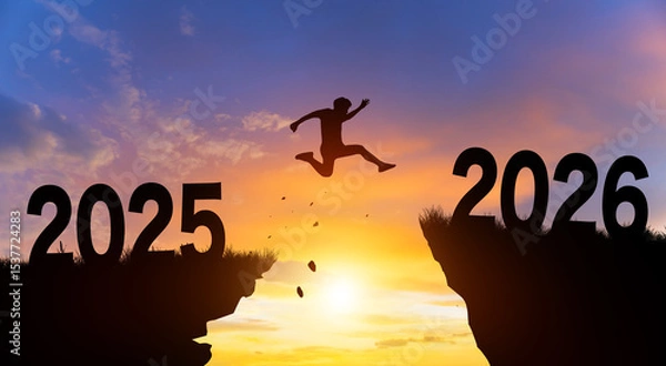 Fototapeta Welcome merry Christmas and Happy new year in 2026. Man jumping across the gap from 2025 to 2026 cliff with Sunset and Twilight Sky background.