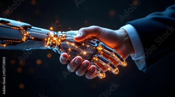 Obraz Human and Robot Handshake A Futuristic Collaboration and Technological Advancement Concept