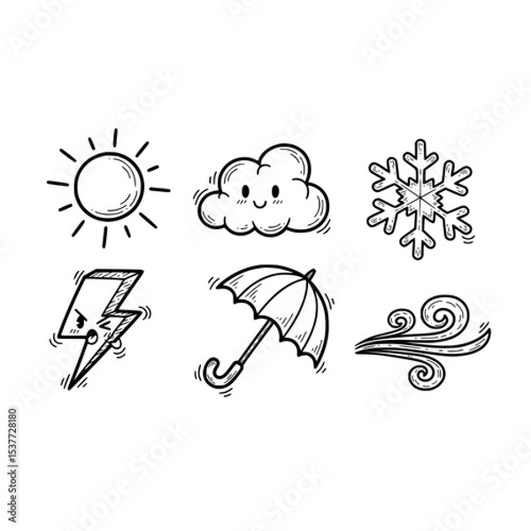 Fototapeta Weather forecast doodle set sun cloud snowflake lightning umbrella wind hand drawn vector illustration