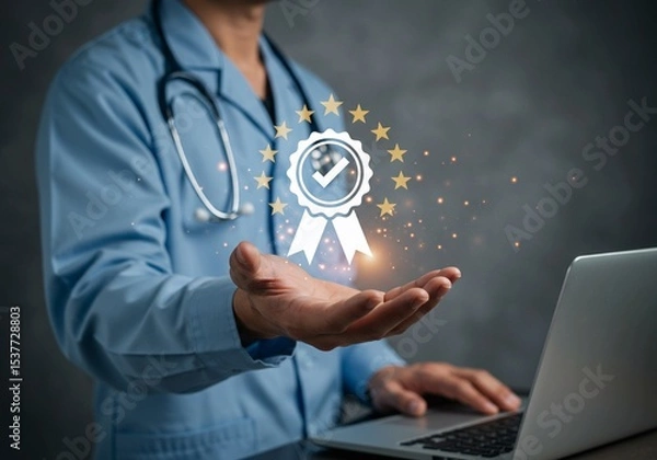 Fototapeta A female doctor in a white coat works diligently on her laptop at a clinic desk, a stethoscope nearby, embodying the integration of technology in modern healthcare