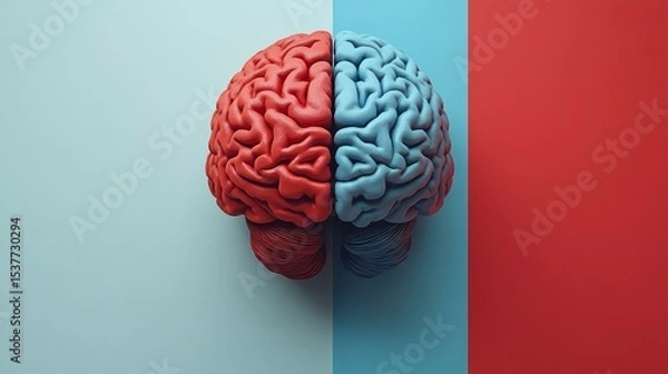 Fototapeta 3D rendered human brain divided into red and blue hemispheres on a colorful background.