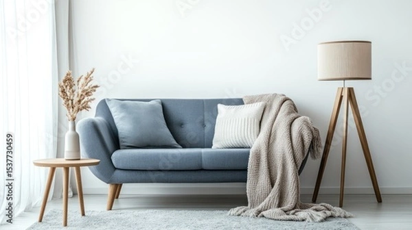 Fototapeta Serene living room scene with a blue sofa, lamp, side table and neutral elements