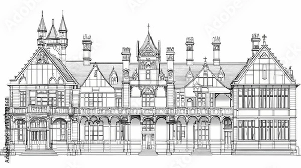 Fototapeta Detailed architectural drawing of a large ornate building.