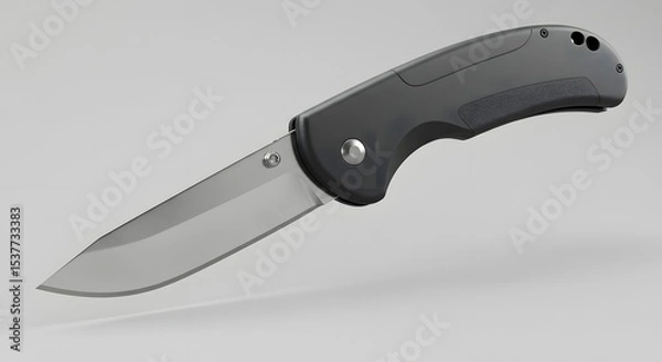 Obraz Sleek Black Folding Knife with Silver Blade - Stock Photo