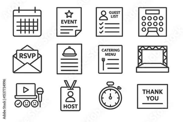 Obraz Event planning icons: calendar, menu, rsvp, guest list, stage, microphone, stopwatch
