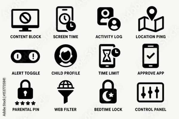 Obraz Parental control icons: content block, activity log, location ping, app approval