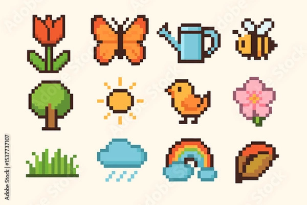 Obraz Pixel art icons: nature motifs with flowers, animals, and weather elements