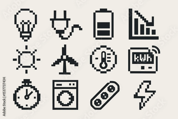 Obraz Pixel art energy icons: lightbulb, battery, wind turbine, thermometer, stopwatch, power plug