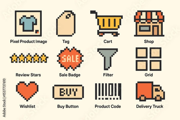 Obraz Pixel art icons: product image, cart, shop, and e-commerce elements