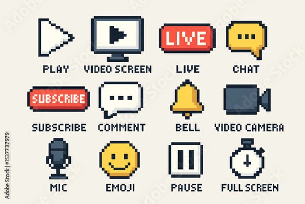 Obraz Pixel art video streaming icons: play, live, chat, subscribe, comment, mic, emoji, pause