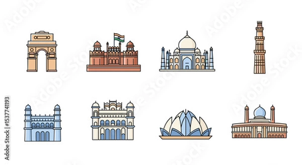 Obraz India famous landmarks and tourist attractions vector illustration india gate red fort taj mahal qutub minar