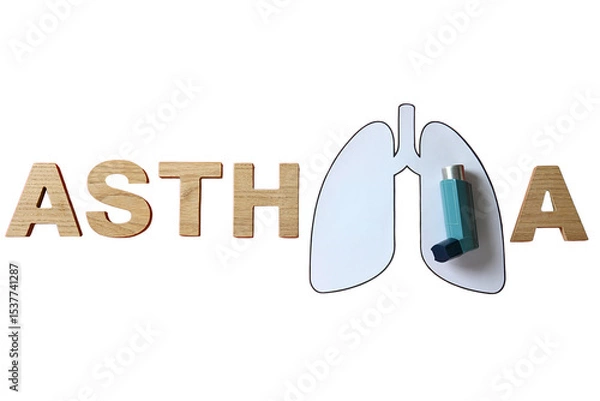 Obraz Focused display of asthma letters and inhaler, isolated on white, PNG