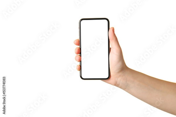 Obraz Hand displays a smartphone with a blank screen, isolated on white, PNG