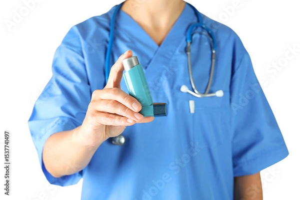 Obraz Medical expert demonstrates use of inhaler, isolated on white, PNG