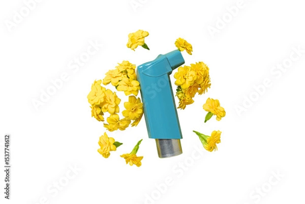 Obraz Inhaler among bright yellow flowers, isolated on white, PNG