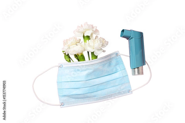 Obraz Mask and inhaler with flowers, isolated on white, PNG