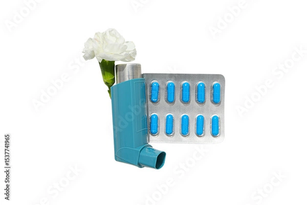 Obraz Inhaler with flower by pill pack, isolated on white, PNG