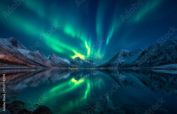 Obraz Stunning Northern Lights over Snowy Mountains and Reflective Lake