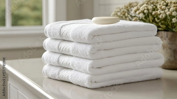 Fototapeta Neat stack of four white fluffy bath towels on a bathroom counter with soap and flowers.